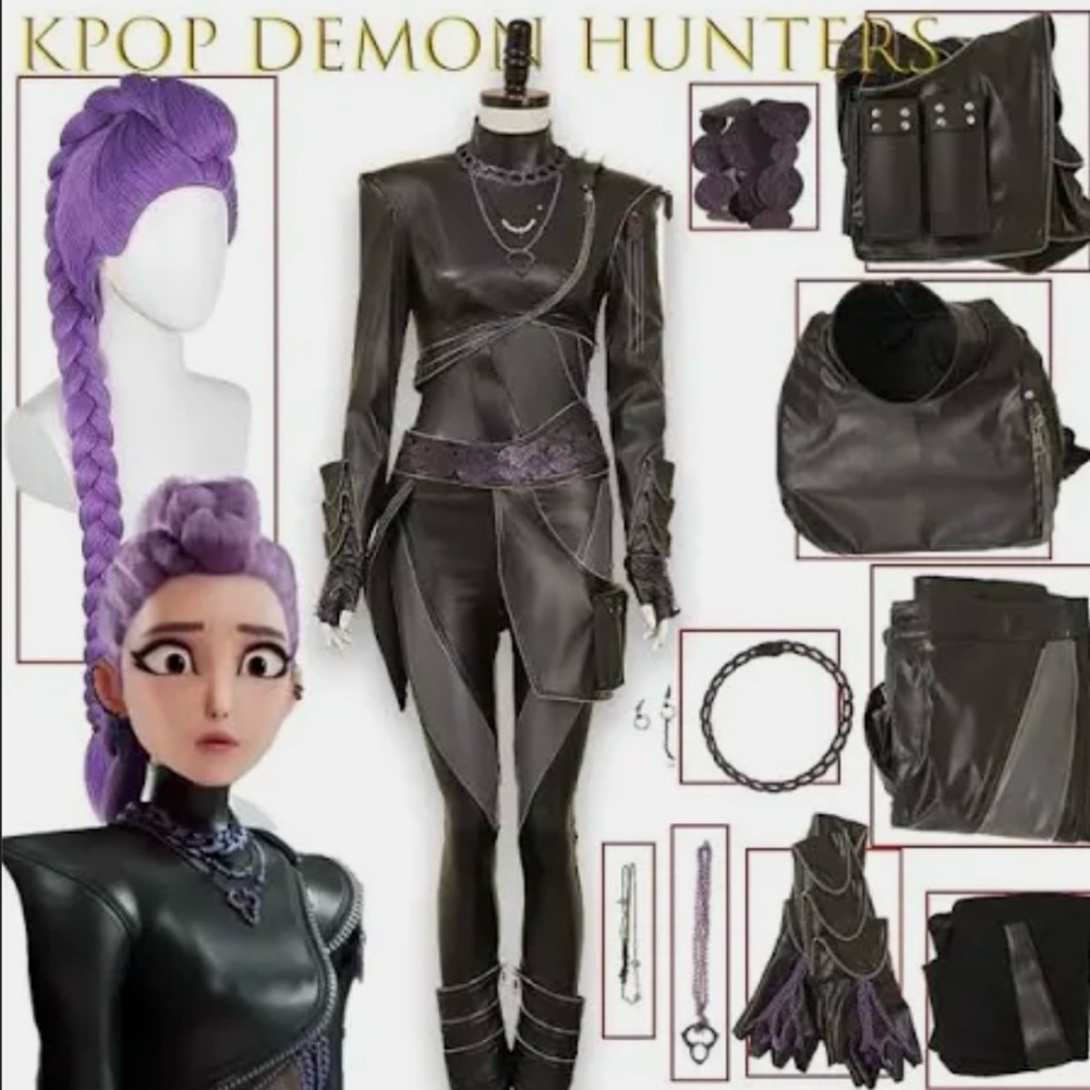 Kpop Demon Hunters - Rumi Women Black Battle Suit Costume Full Set With Wig - Picture 11 of 16